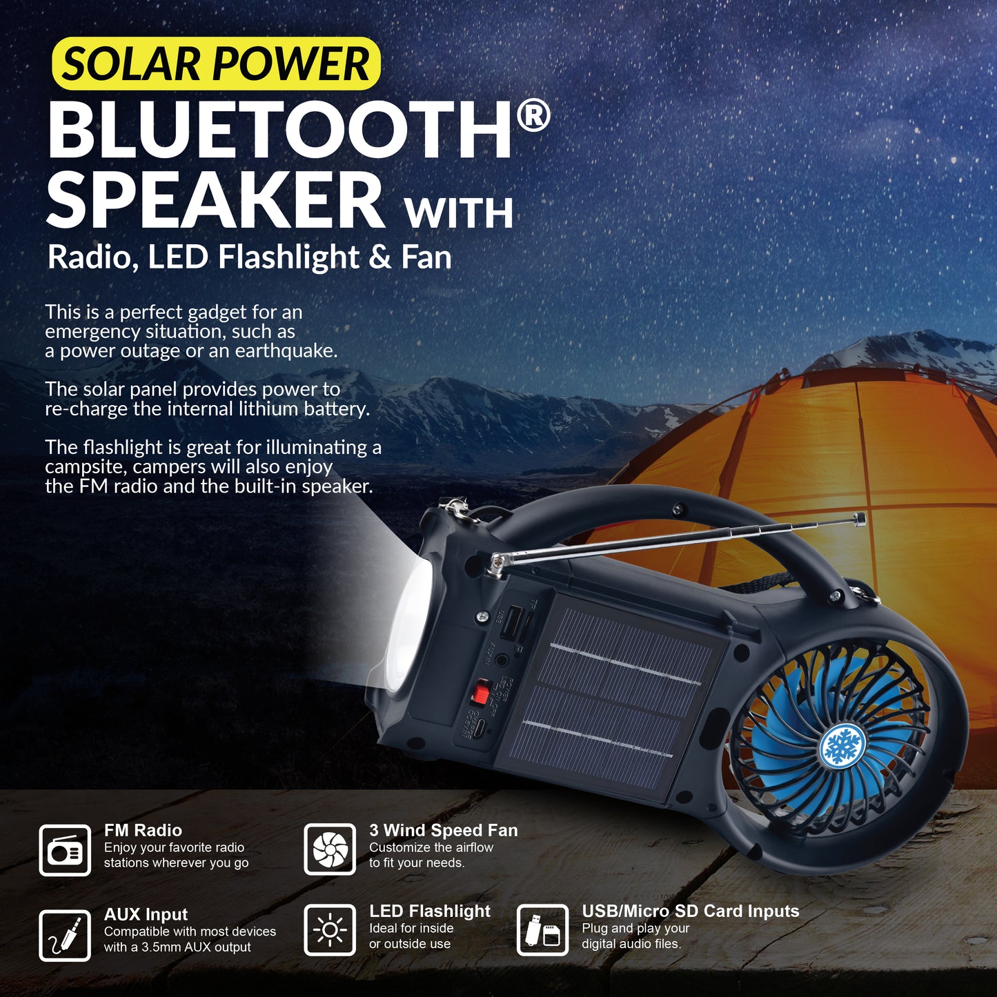 Solar Power Bluetooth Speaker with FM Radio, LED Torch Light & Fan