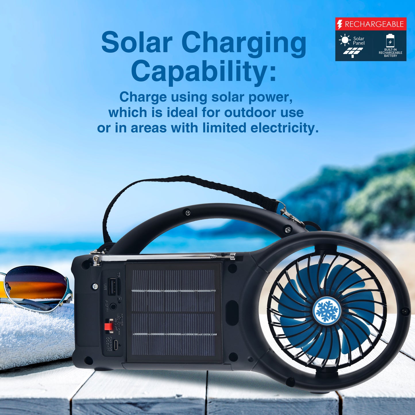 Solar Power Bluetooth Speaker with FM Radio, LED Torch Light & Fan