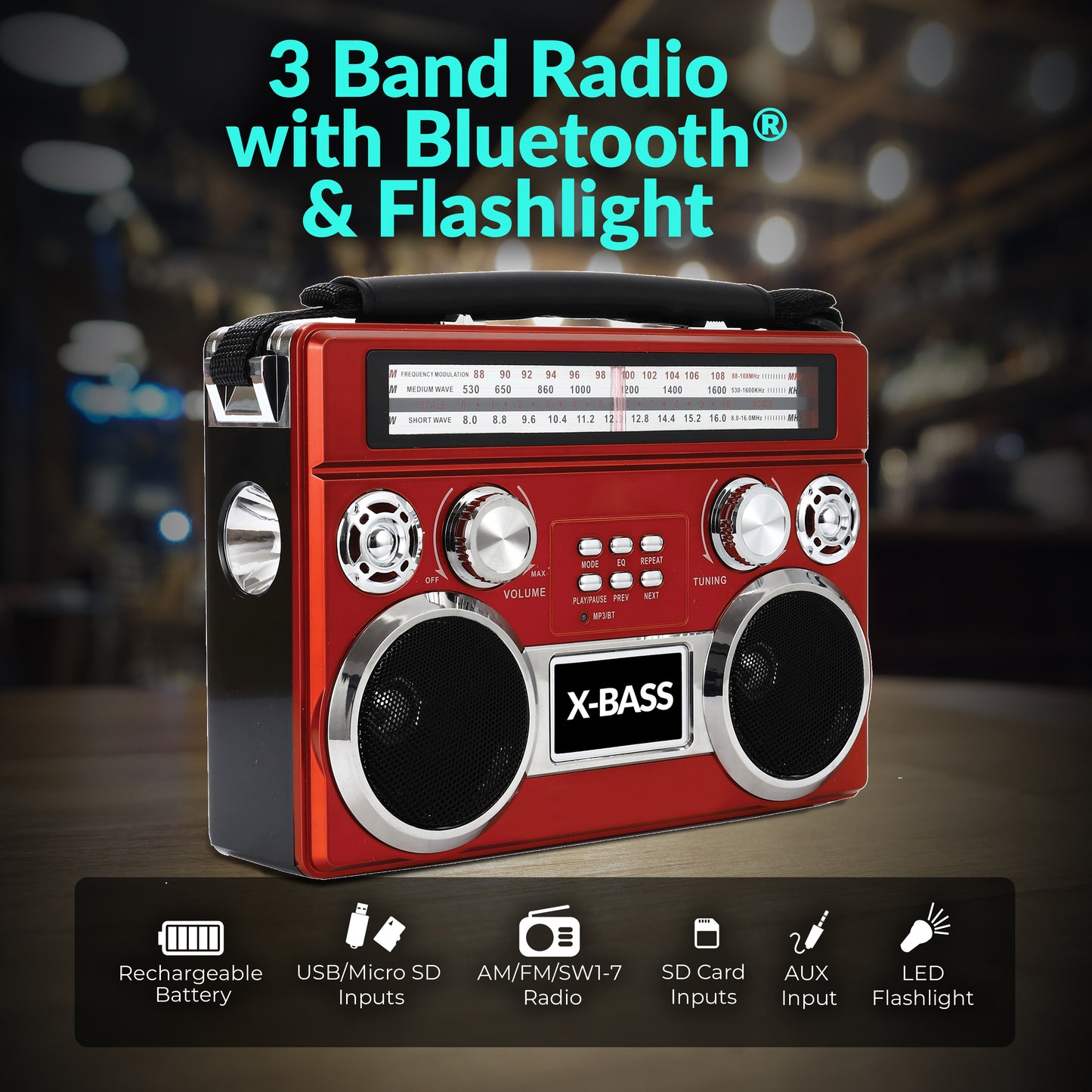 Portable 3 Band Radio with Bluetooth® and Flashlight