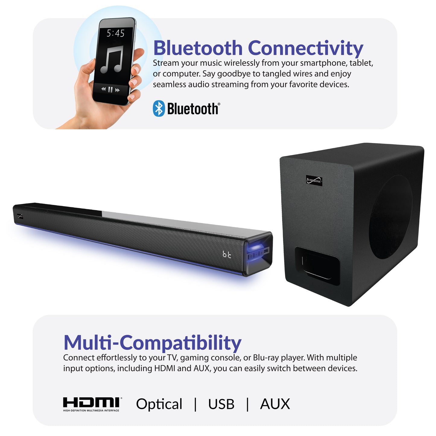 31.5" Bluetooth® Soundbar with Wireless Subwoofer - 80W