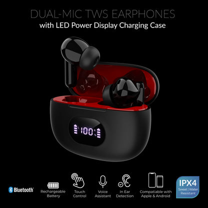 DUAL-MIC TWS EARPHONES with ENC & LED POWER DISPLAY CHARGING CASE