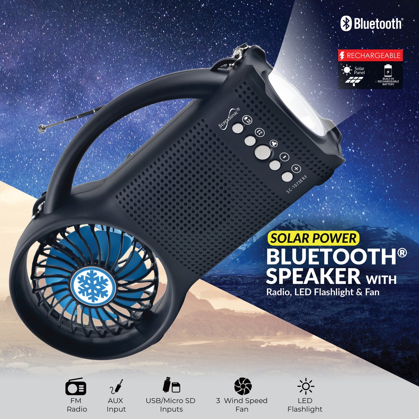 Solar Power Bluetooth Speaker with FM Radio, LED Torch Light & Fan
