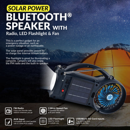 Solar Power Bluetooth Speaker with FM Radio, LED Torch Light & Fan