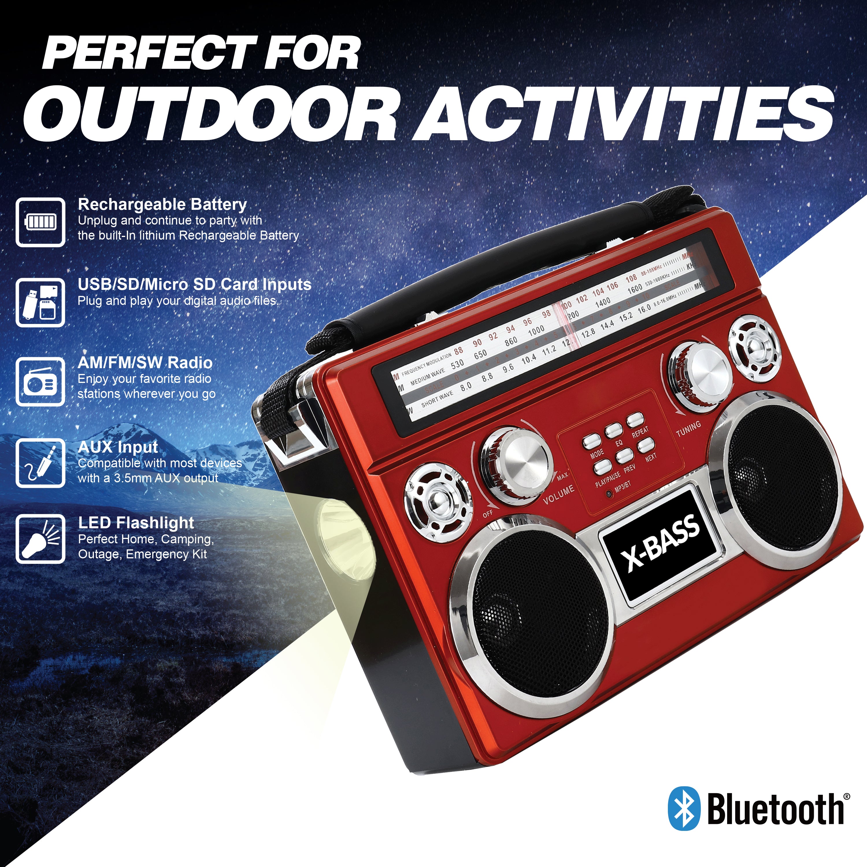 Portable 3 Band Radio with Bluetooth® and Flashlight