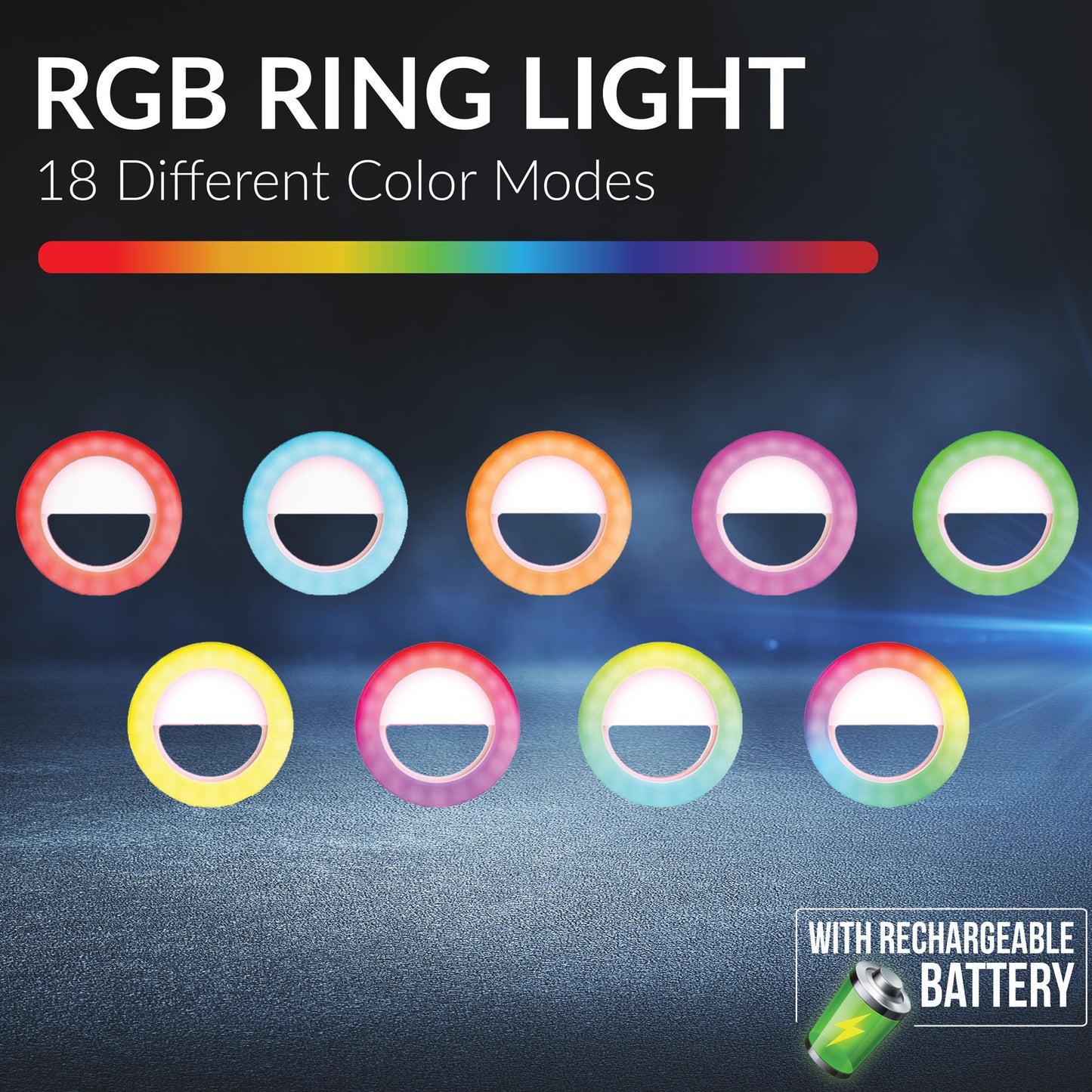 CLIP-ON 18 LED Selfie Ring Light with RGB