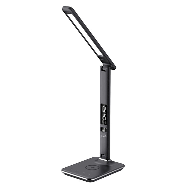 LED Desk Lamp with Qi Wireless Charger Display Alarm Clock, Calendar, & Temperature