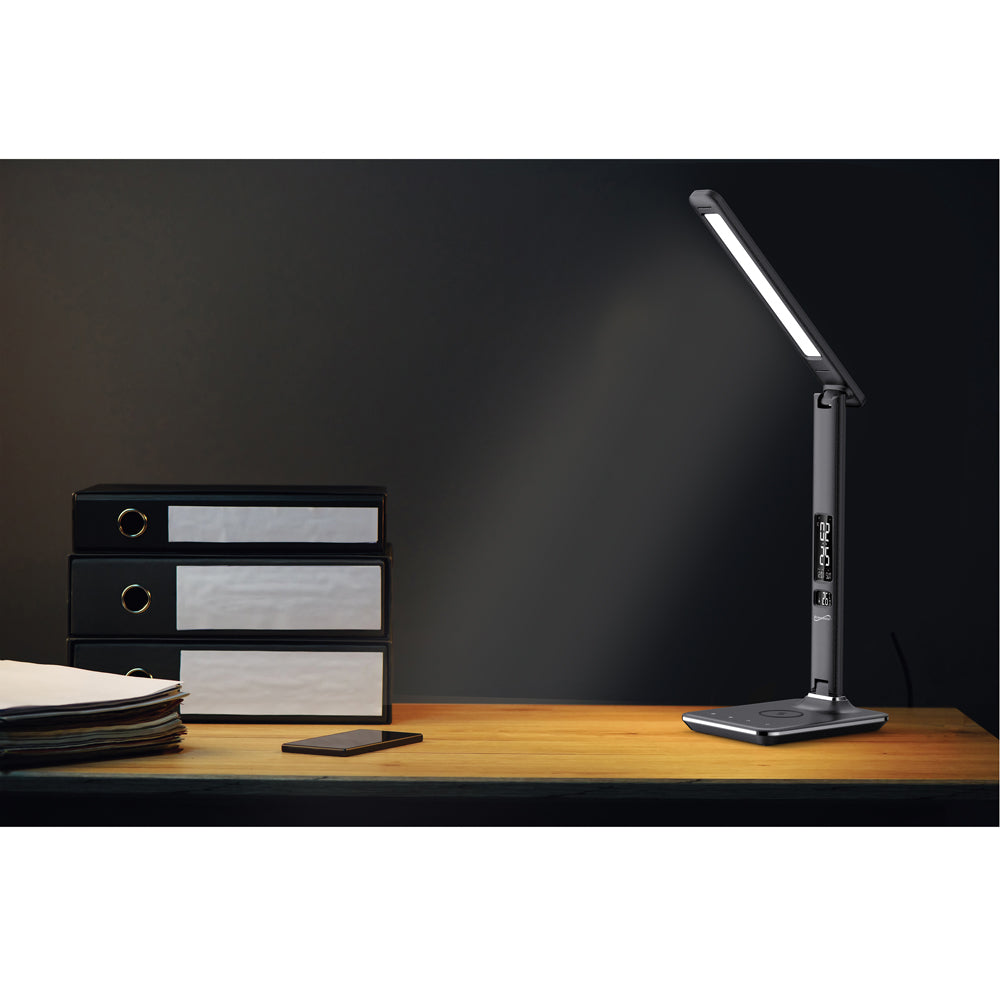 LED Desk Lamp with Qi Wireless Charger Display Alarm Clock, Calendar, & Temperature